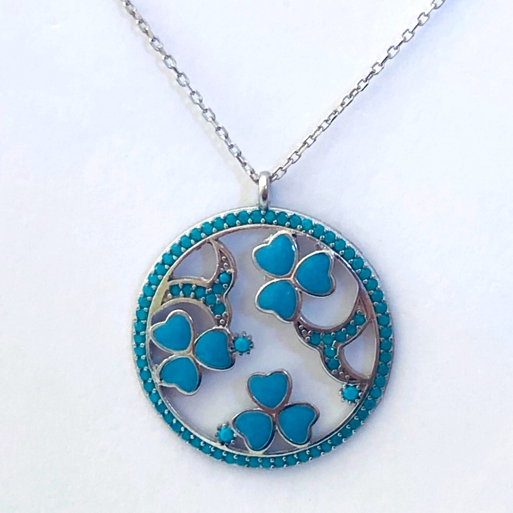 925 Silver blue enamel clover turquoise stones necklace